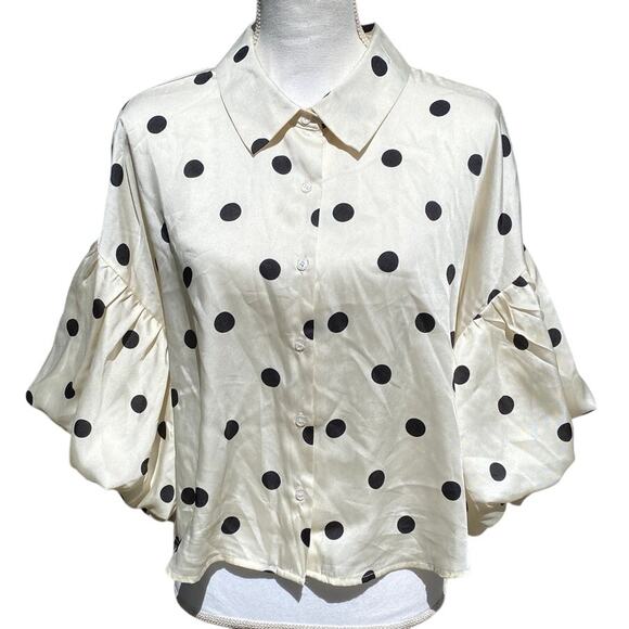 Milk & Honey Polka Dot Puff Sleeve Top Blouse Crop Collared Ruffle Size Large - Picture 1 of 13